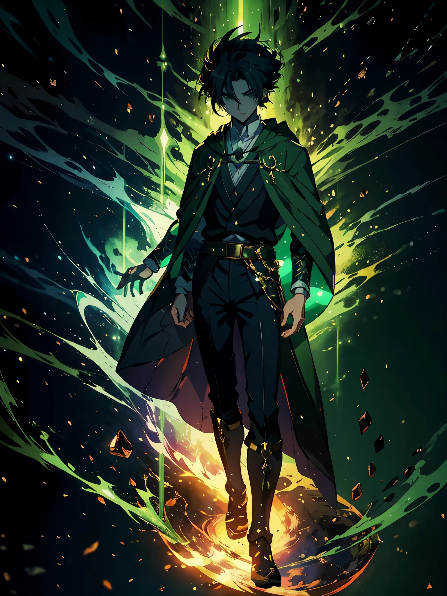 anime - style image of a man dressed in a green cape and a green cloak, casimir art, cute androgynous prince, handsome guy in demon slayer art, photo of a male cleric, official character illustration, delicate androgynous prince, inspired in kris from deltarrune, offcial art, offcial art do personagem, dressed like a clergyman