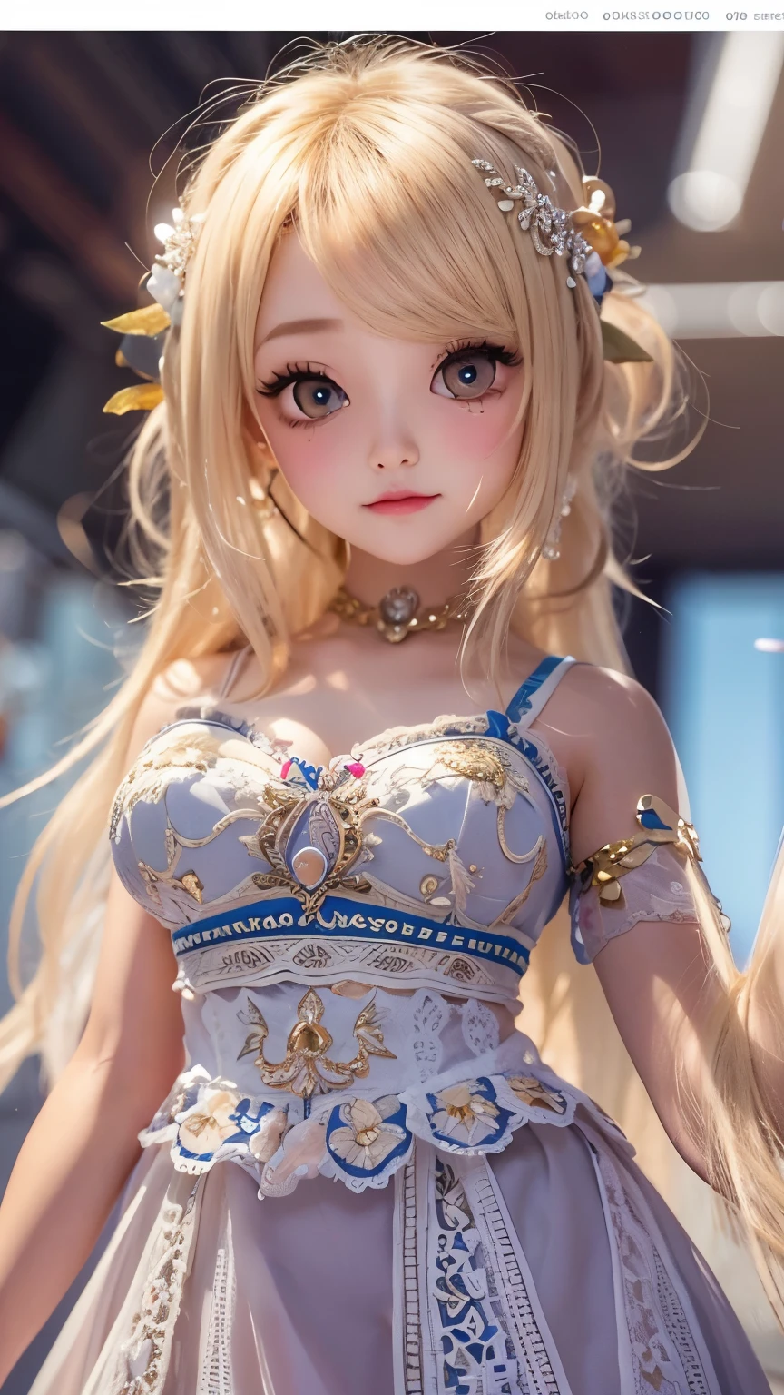 detailed face, cute face,Highest quality,Very detailed,masterpiece,Super detailed,figure,Blonde ,hair ornaments,stand,indoor,can't believe it_Absurd,One girl,Mid-chest,Red nose ,Realistic,Long Hair,summer_dress,Garter Straps,beautiful girl,Waving SV98