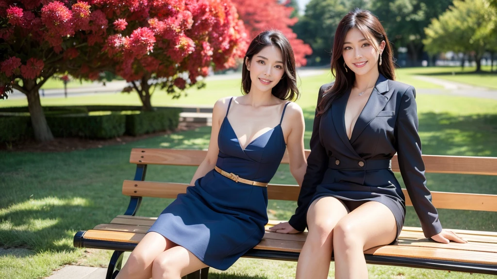 最high quality, In 8K, Masseter region, Vibrant, Sharp focus, high quality, High resolution, Detailed face, fine grain, Thick lips, (Looking at the audience), alone, Beautiful woman, 28 years old, Japanese women, (Short black hair:1.4), Cleavage, Lunch break、Large city park、Pink flower field、(sitting on a park bench:1.3)、(Full body photo:1)、(navy blue formal dress:1.5)、(Knee length dresses:1.5)、(Black pumps:1.5)、(Red lipstick:1)、(smile:1.3)、(Standard body type)、(D cup breasts)