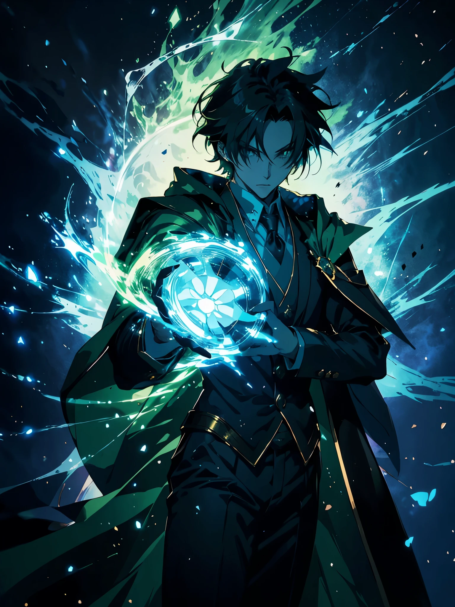 anime - style image of a man dressed in a green cape and a green cloak, casimir art, cute androgynous prince, handsome guy in demon slayer art, photo of a male cleric, official character illustration, delicate androgynous prince, inspired in kris from deltarrune, offcial art, offcial art do personagem, dressed like a clergyman