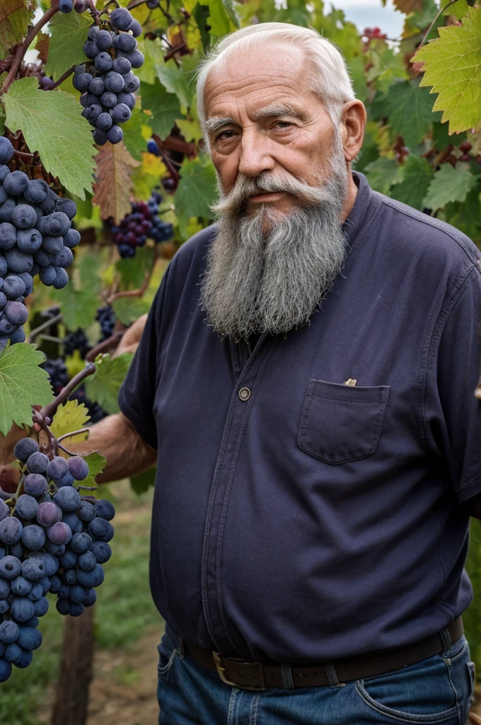 old man 80 years old beard big bunch of grapes vineyard