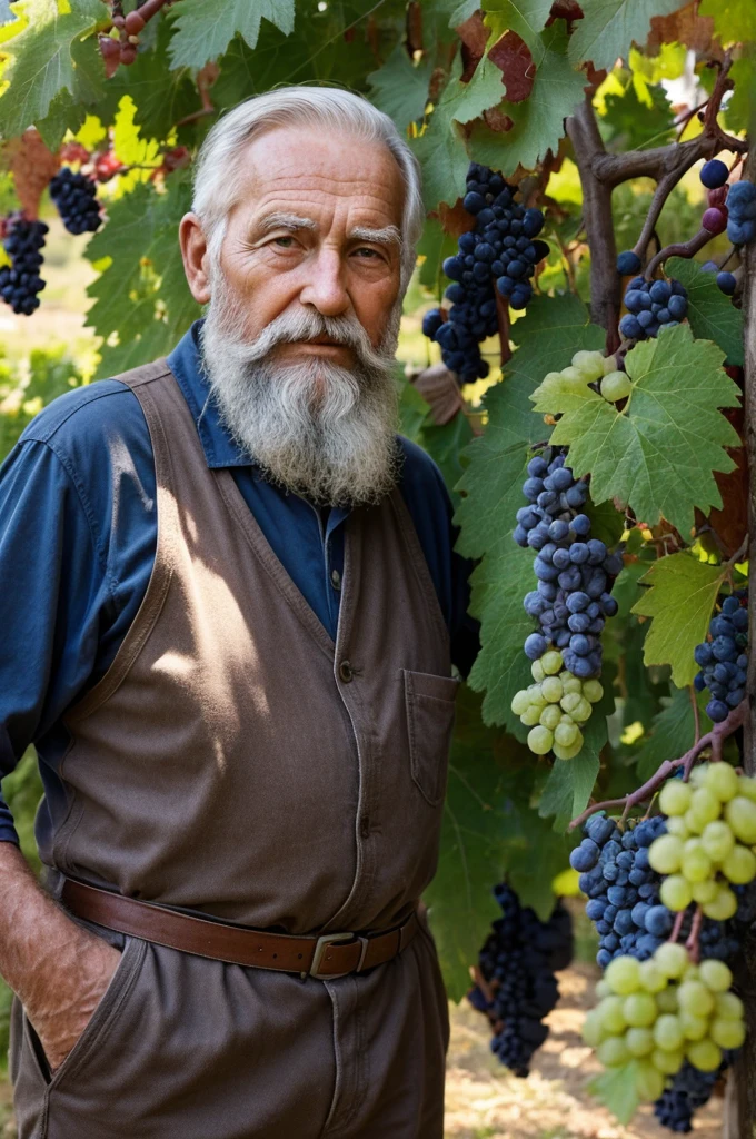 old man 80 years old beard big bunch of grapes vineyard