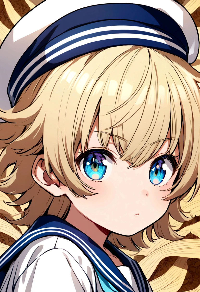 Blonde, frizzy hair wolf cut. Shota, sailor suit, sailor hat, blue eyes, tomboy,
