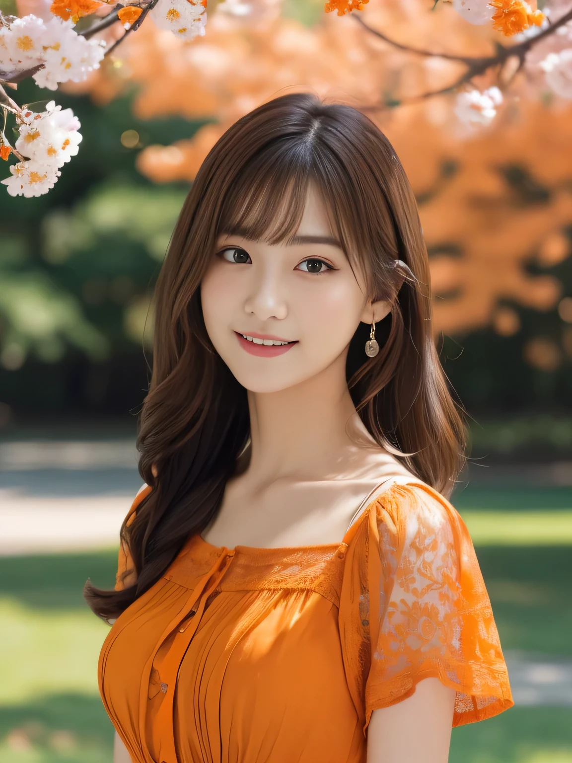1 Girl,(Wearing an orange short-sleeved blouse:1.3),(RAW Photos, Highest quality), (Realistic, Realistic:1.4), Tabletop, Very delicate and beautiful, Very detailed, 2k wallpaper, wonderful, In detail, Very detailed CG Unity 8k wallpaper, Very detailed, High resolution, Soft Light, Beautiful detailed girl, Very detailed目と顔, Beautiful and sophisticated nose, Beautiful and beautiful eyes, Cinema Lighting, Spring afternoon park background, Perfect Anatomy, Slender body, smile, Wavy long hair, (Random body orientation), face looking at the camera,