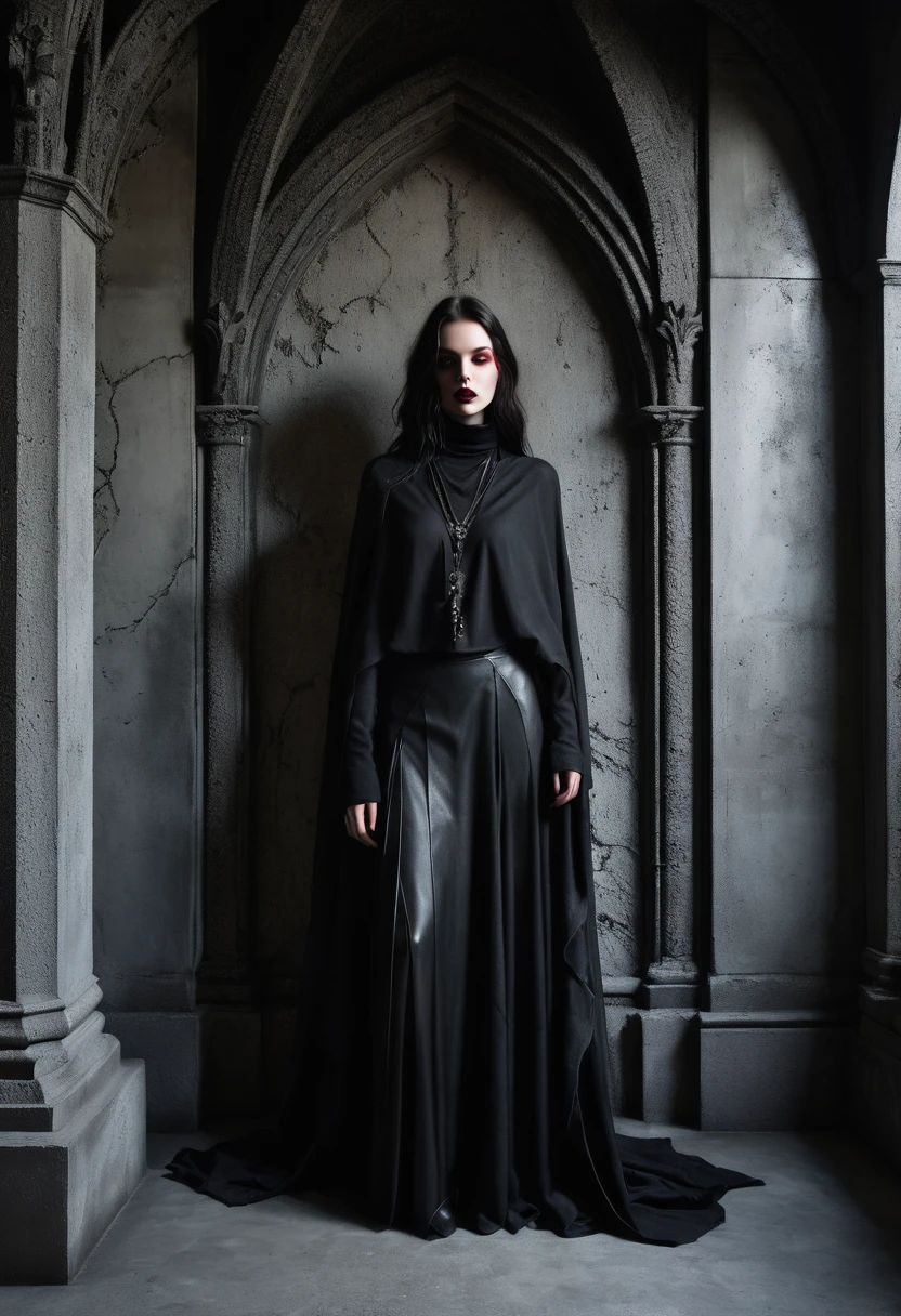 (Highest quality:1.4), RAW Photos, High resolution concrete texture, Very detailed, Intricate DARK SHADOWS, woman inside a room together with ((intimidating giant gothic concrete gargoyle)), dark layered hair, messy, teased、 (pitch dark black deep shadows, LUSH SHADOWS, pinpoints of light, black and red fabrics), Clear beauty, hips, beside her GARGOYLE, (High quality fabric dark drapery outfit, fashion layering fabrics、 dark stone around the neck, collared, black leather)、 tiny interior room, close proximity, OPAQUE sheer darks, hidden corners of figure, she's the focus with, GARGOYLE SCULPTURE in room, mossy concrete, damp carpet, extraordinarily hauntings, fills the room, floor to ceiling statue, intense concrete details, adorned surrounds, hidden, ritual collective, together surroundings, embraced by energy mass,