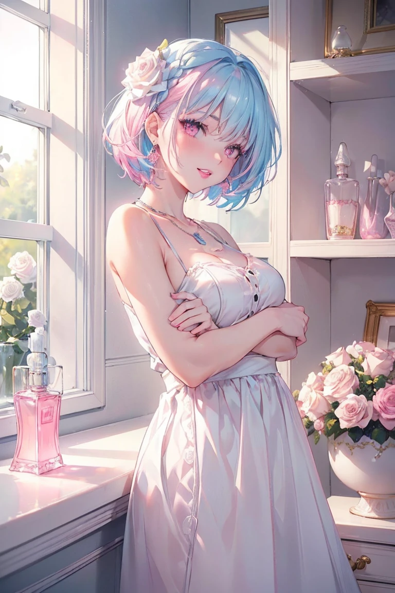 ((masterpiece,High resolution,8K quality,Highest quality)),One Girl,((Highly detailed face)),20-year-old woman,rain,Delicate eyes,Pink Eyes,((Hairstyle on:Shaved head,Light blue hair)),pink rose hair ornament,Dramatic makeup,profile,Big earrings,Smiling Kindly,((smooth lips,Pink lipstick,Attractive lips)),Natural Skin Tone,Mock sleeveless white knit,necklace,Light of the sun,Double teeth,((White window sill,Pink roses are blooming outside the window,Colorful perfume bottles lined up on a shelf)),