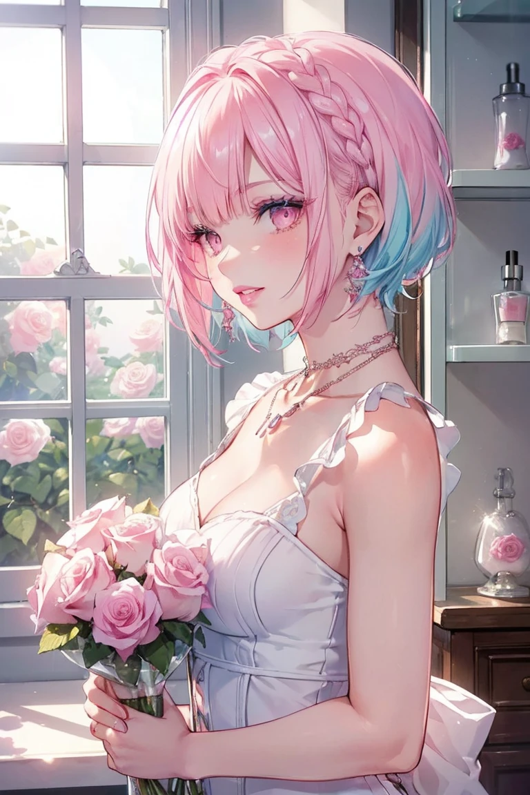 ((masterpiece,High resolution,8K quality,Highest quality)),One Girl,((Highly detailed face)),20-year-old woman,rain,Delicate eyes,Pink Eyes,((Hairstyle on:Shaved head,Light blue hair)),pink rose hair ornament,Dramatic makeup,profile,Big earrings,Smiling Kindly,((smooth lips,Pink lipstick,Attractive lips)),Natural Skin Tone,Mock sleeveless white knit,necklace,Light of the sun,Double teeth,((White window sill,Pink roses are blooming outside the window,Colorful perfume bottles lined up on a shelf)),