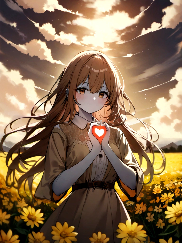  In high quality Female character white skin color long hair light red color , beige and brown clothing , making heart with the hand, background clouds field flowers