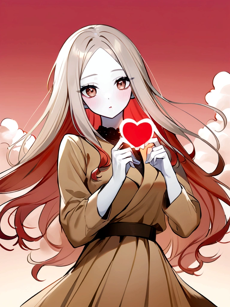  In high quality Female character white skin color long hair light red color , beige and brown clothing , making heart with the hand, background clouds field flowers