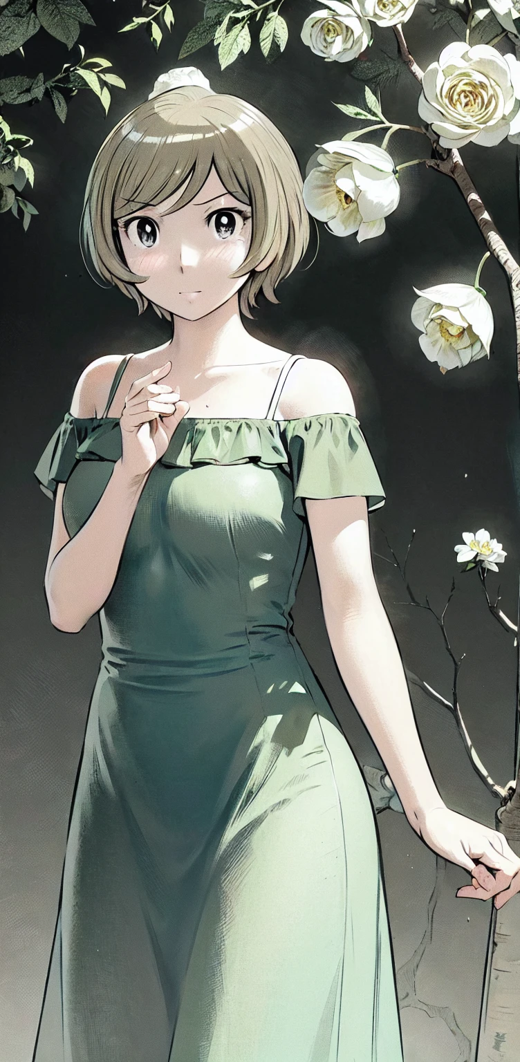 、(masterpiece、Highest quality)、Highest quality, Ultra-high resolution, (((masterpiece))), alone, Sweat、Big eyes,Show Viewer,
blonde,(short hair:1.2), (Highest quality:1.3),One Girl,Private Server、Floral dress、nature、Off the shoulder、Embarrassed face