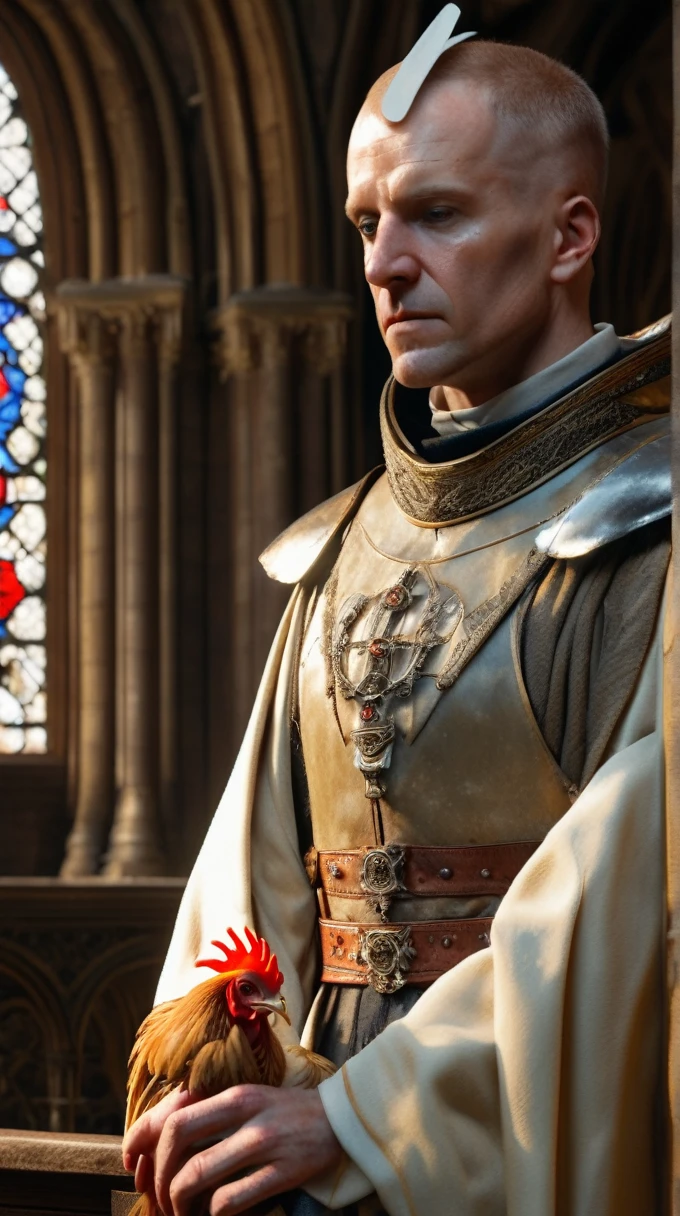 Ultra-realistic 8k CG, masterpiece, best quality, (((ermine wear inquisitor robe))), bite off head of a chicken, medieval Cathedral, dead eyes, still life, high detailed, beautiful intricately and detailed, DOF,   
