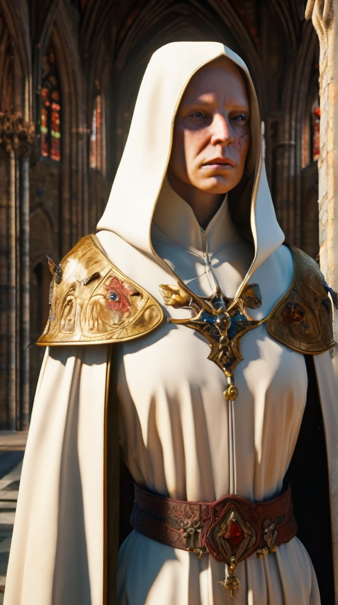 Ultra-realistic 8k CG, masterpiece, best quality, (((ermine wear inquisitor robe))), bite off head of a chicken, medieval Cathedral, dead eyes, still life, high detailed, beautiful intricately and detailed, DOF,