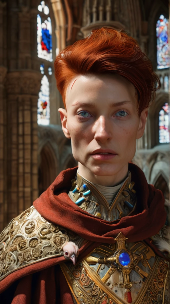 Ultra-realistic 8k CG, masterpiece, best quality, (((ermine wear inquisitor robe))), bite off head of a chicken, medieval Cathedral, dead eyes, still life, high detailed, beautiful intricately and detailed, DOF,