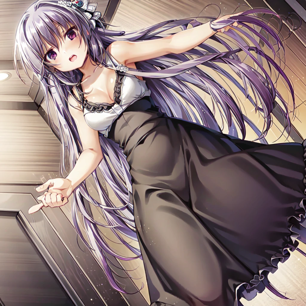 best quality, masterpiece, highres, solo, {tilty_claret_tenseioujototensaireijounomahoukakumei:1.15}, long_hair, bangs, purple_hair, purple_eyes, black_hair, blurry, 1girl, black_dress, dress, red_eyes, blurry_background, bookshelf, upper_body, brown_hair, collarbone, open_mouth, hair_between_eyes, indoors