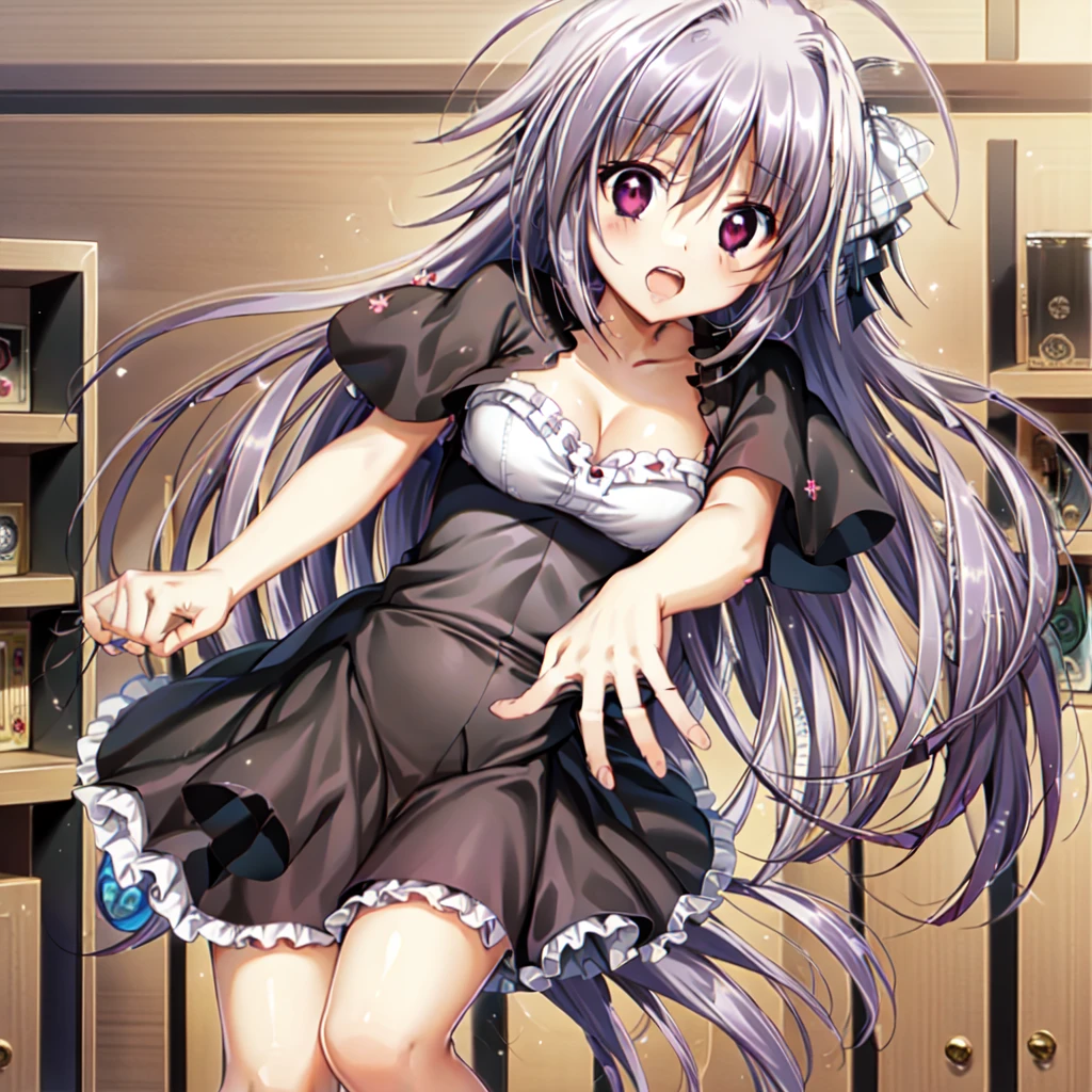 best quality, masterpiece, highres, solo, {tilty_claret_tenseioujototensaireijounomahoukakumei:1.15}, long_hair, bangs, purple_hair, purple_eyes, black_hair, blurry, 1girl, black_dress, dress, red_eyes, blurry_background, bookshelf, upper_body, brown_hair, collarbone, open_mouth, hair_between_eyes, indoors