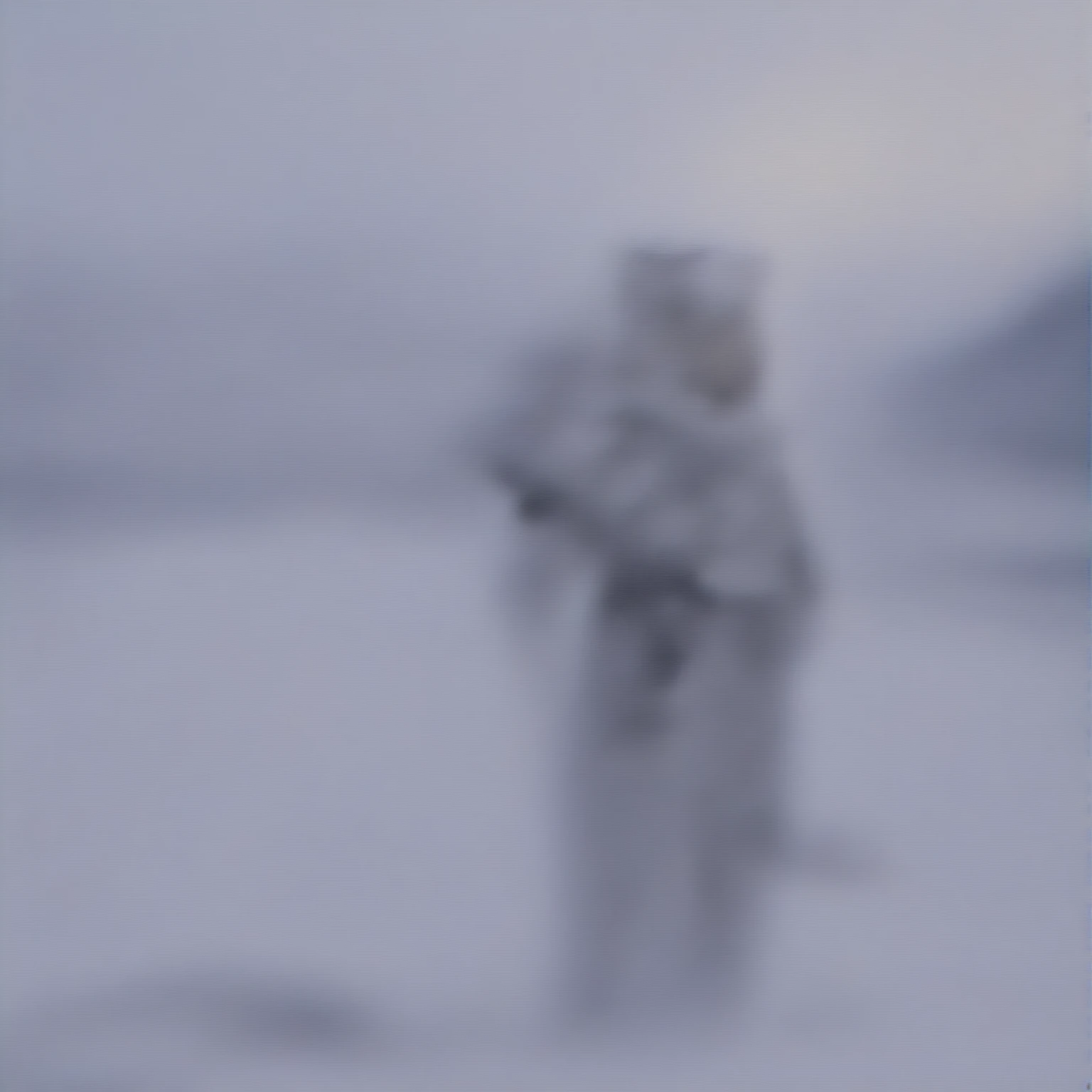 White hair, long hair, cat ears, 1 girl, white pantyhose, red eyes,sci-fi military clothing, sci-fi drones, white scarf (white scarf covering the neck), gray angelic halo, holding a realistic rifle, high quality, cute, no water marks, snow, mountain (snowy mountain)