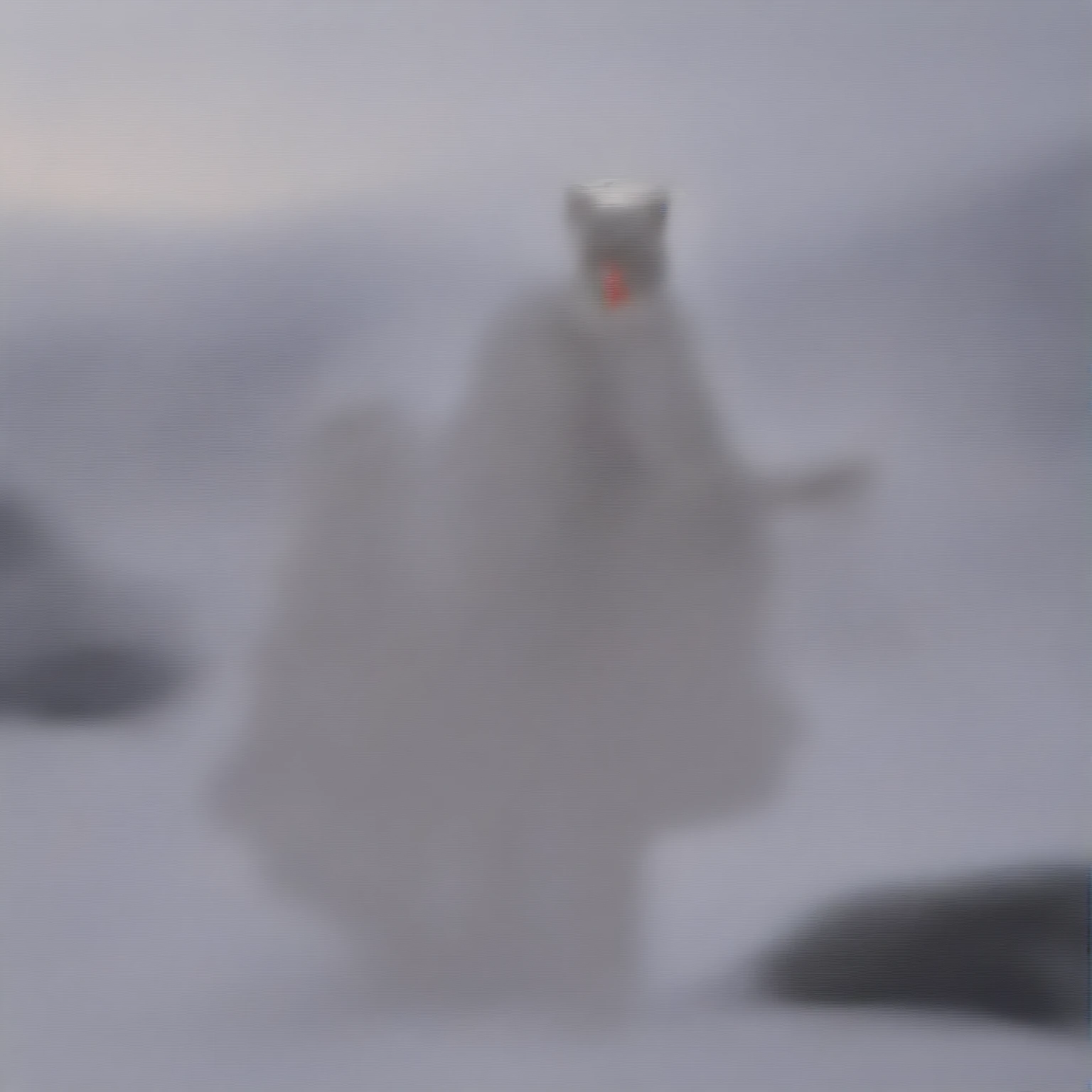 White hair, long hair, cat ears, 1 girl, white pantyhose, red eyes,sci-fi military clothing, sci-fi drones, white scarf (white scarf covering the neck), gray angelic halo, holding a realistic rifle, high quality, cute, no water marks, snow, mountain (snowy mountain)