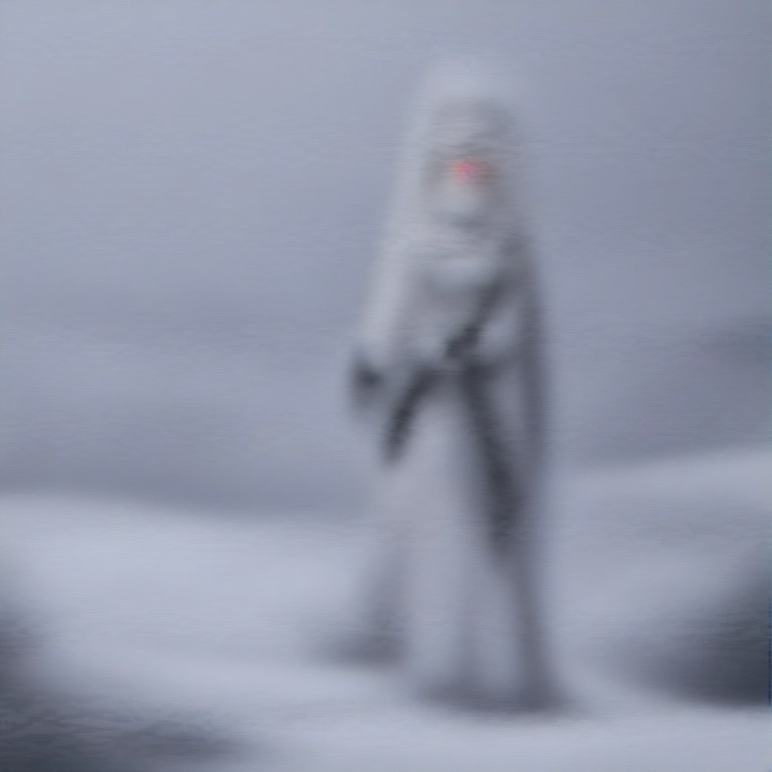 White hair, long hair, cat ears, 1 girl, white pantyhose, red eyes,sci-fi military clothing, sci-fi drones, white scarf (white scarf covering the neck), gray angelic halo, holding a realistic rifle, high quality, cute, no water marks, snow, mountain (snowy mountain)