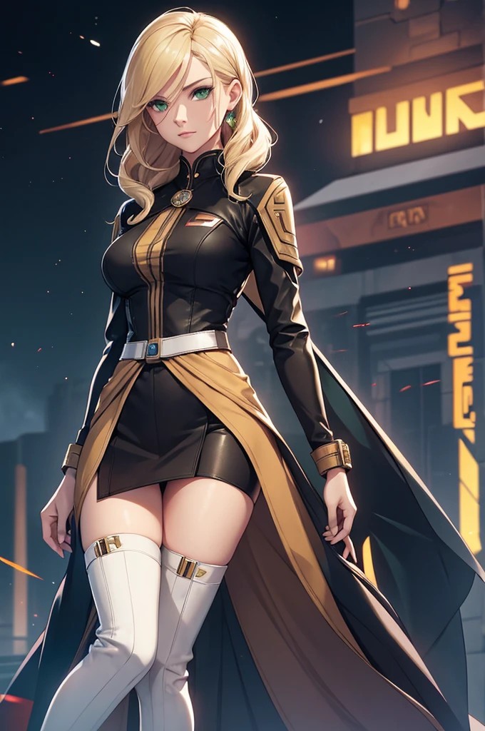 Female senator from Star Wars. Politcian. Coruscant background. Young, fit. Blonde longer hair. Green eyes. Wearing noble clothes. High status. Visible stockings tight. High heel boots. Clothing is luxurious.  Visible cameltoe