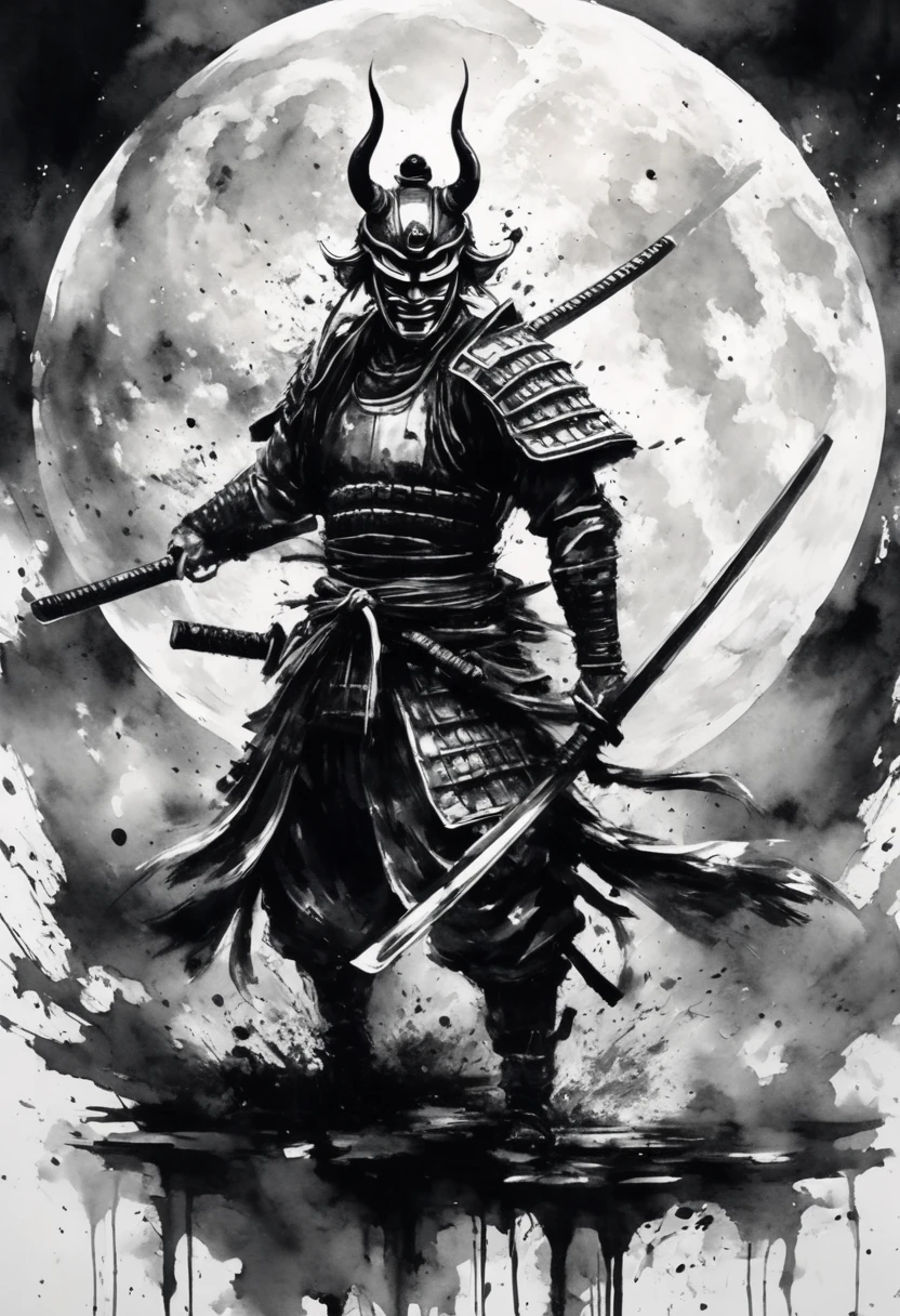 Black and white painting,Ink Painting,Warrior,(hannya face mask,samurai armor),(Helmet with Moon Symbol),(spread legs,Recreate the scene of raising the sword to attack the enemy.),Draw a circle with brush splashes,