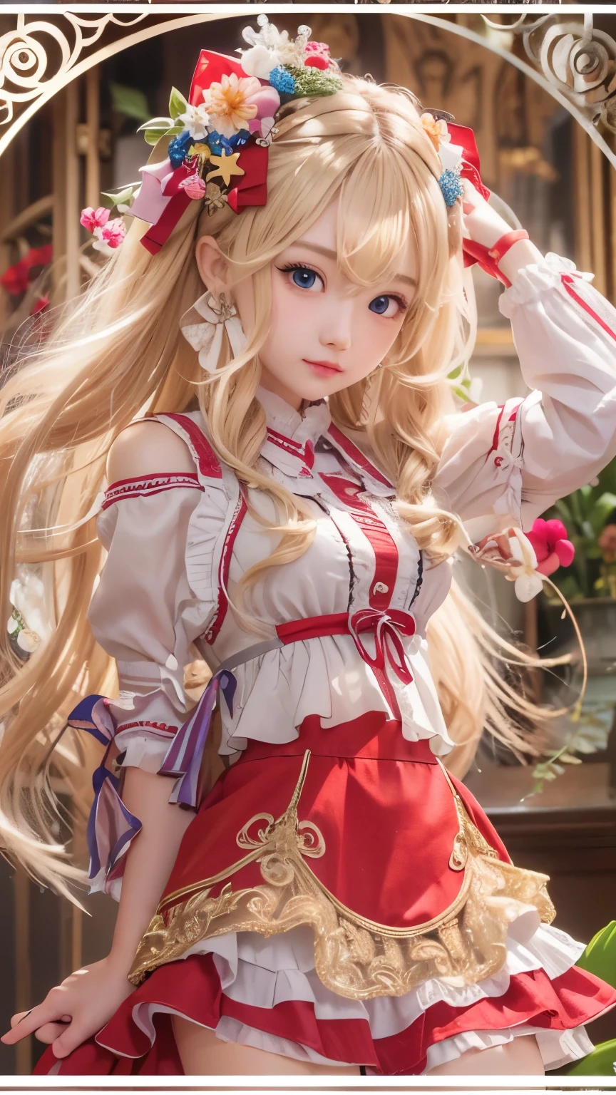 detailed face, cute face,Highest quality,Very detailed,masterpiece,Super detailed,figure,Blonde ,hair ornaments,stand,indoor,can&#39;t believe it_Absurd,One girl,Mid-chest,Red nose ,Realistic,Long Hair,summer_dress,Garter Straps,beautiful girl,Waving SV98