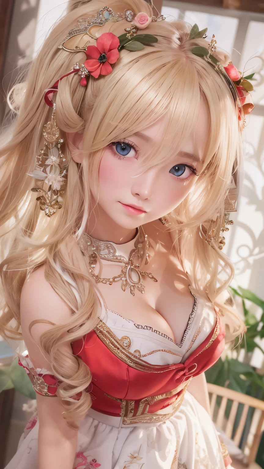 detailed face, cute face,Highest quality,Very detailed,masterpiece,Super detailed,figure,Blonde ,hair ornaments,stand,indoor,can&#39;t believe it_Absurd,One girl,Mid-chest,Red nose ,Realistic,Long Hair,summer_dress,Garter Straps,beautiful girl,Waving SV98