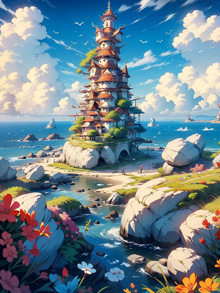 A fantasy-inspired painting of a coastal village in kawacy style, rendered in cinema4d, bulbous, precise nautical details, creative character design, whimsical cartoon style, 32k uhd --ar 2:1