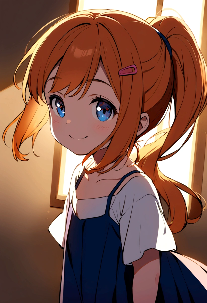 6 year old girl, orange hair, shoulder length ponytail, pink clip, dark blue eyes, blue spaghetti strap dress, white t-shirt inside. smiling