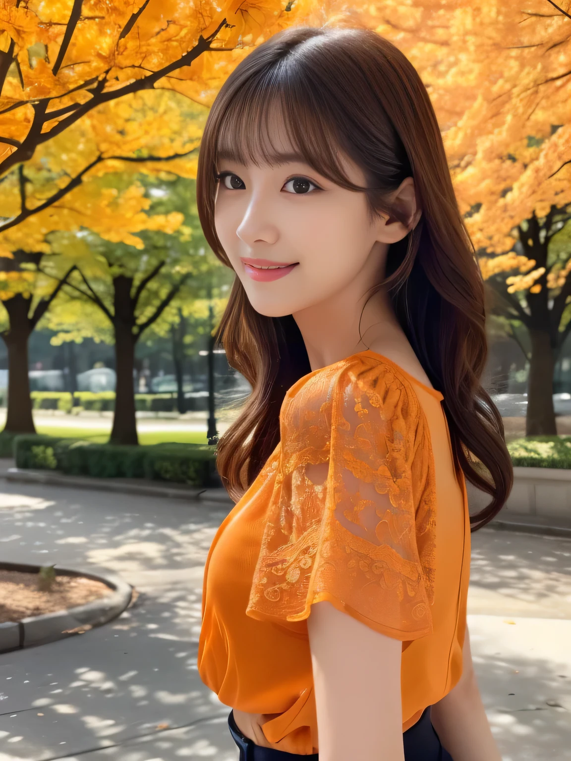 1 Girl,(Wearing an orange short-sleeved blouse:1.3),(RAW Photos, Highest quality), (Realistic, Realistic:1.4), Tabletop, Very delicate and beautiful, Very detailed, 2k wallpaper, wonderful, In detail, Very detailed CG Unity 8k wallpaper, Very detailed, High resolution, Soft Light, Beautiful detailed girl, Very detailed目と顔, Beautiful and sophisticated nose, Beautiful and beautiful eyes, Cinema Lighting, Spring afternoon park background, Perfect Anatomy, Slender body, smile, Wavy long hair, (Random body orientation), face looking at the camera,
