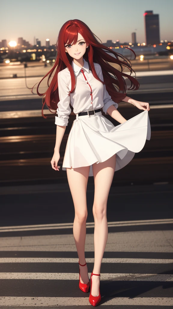 beautiful woman, stop on moving plane in the sky, in the background you can see the horizon and the city, dark red hair, long hair, very smiling, inclined, White shirt, elegant red miniskirt, whole body, red sole high heels, whole body