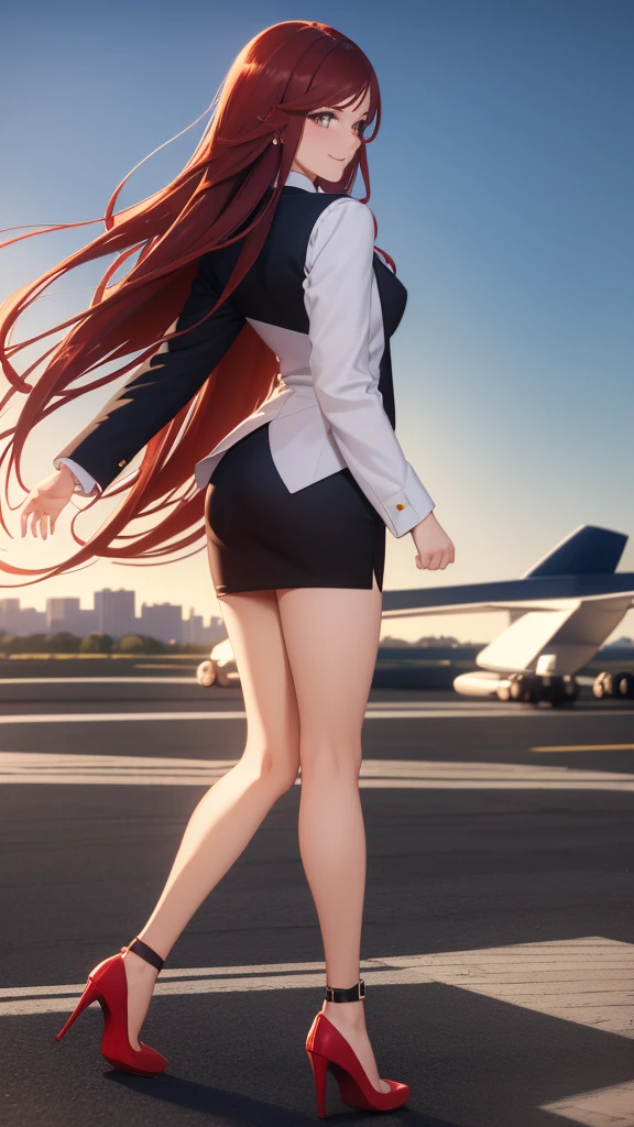 beautiful woman, stop on moving plane in the sky, in the background you can see the horizon and the city, dark red hair, long hair, very smiling, inclined, White shirt, elegant red miniskirt, whole body, red sole high heels, whole body