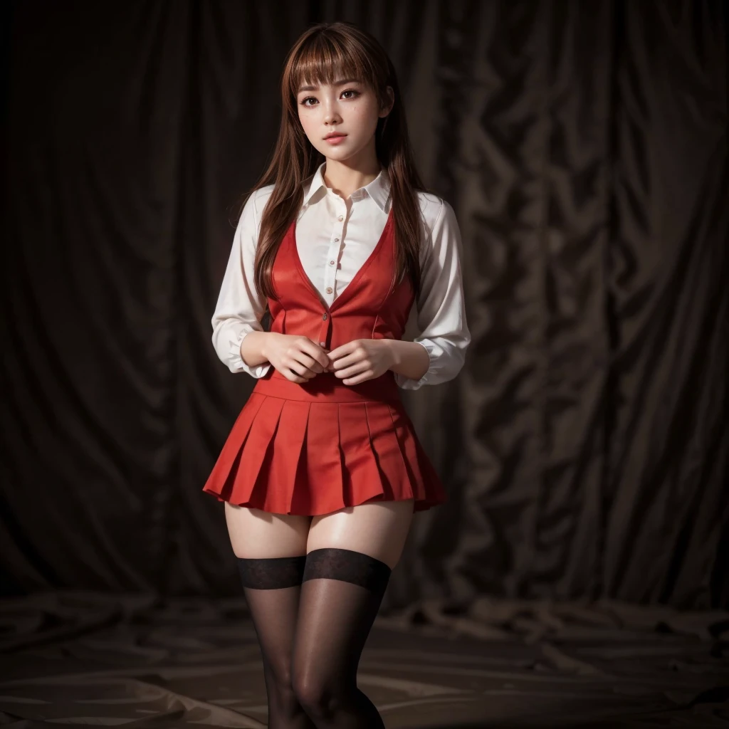 Kasumi, brown eyes, (best quality, ultra-detailed), (realistic:1.37), beautiful and detailed face, ultra-realistic texture, delicate face, delicate body, red lipstick, bright colors. High definition, 8K.