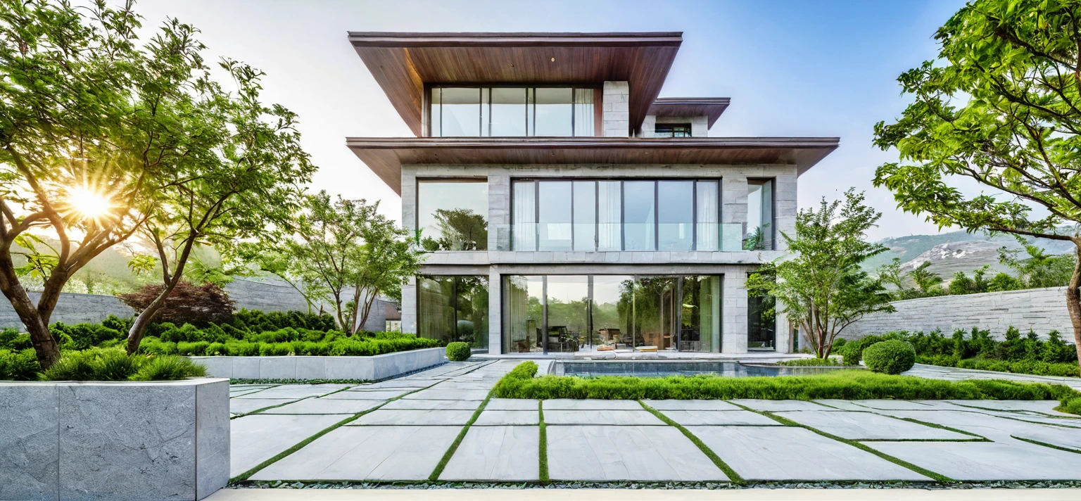 qlcd,tingyuan, photo of modern villa, grassland, garden, shrubs and trees, rock decoration, clear sky, sun light, realistic photo