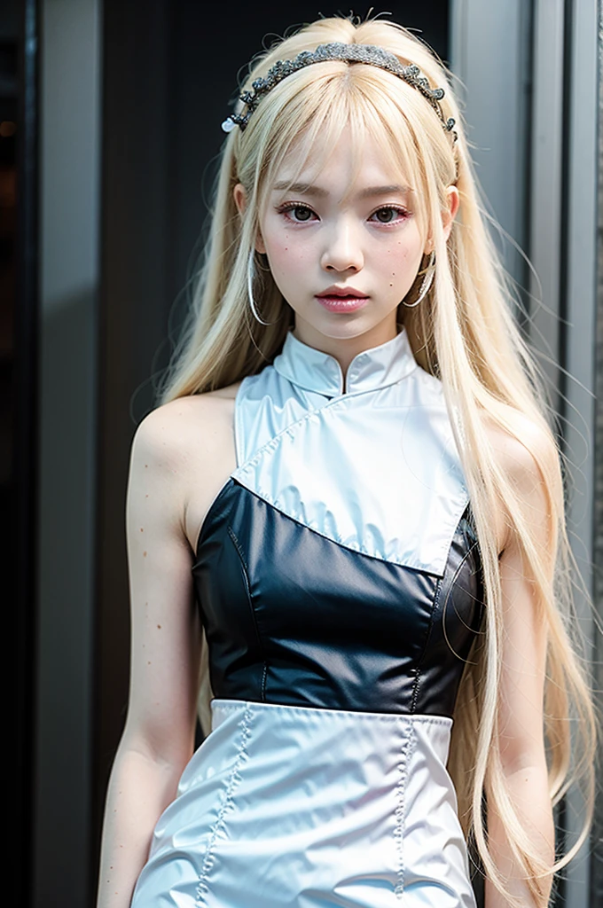 a close up of a woman with long blonde hair wearing a white dress, long white hair and bangs, with white long hair, with long white hair, white hime cut hairstyle,  with white hair, long wavy white hair, realistic anime art style, non-style artwork by guweiz, perfect white haired girl, anime realism style, long white wavy hair, Jennie Kim, Kim Jennie, blackpink jennie