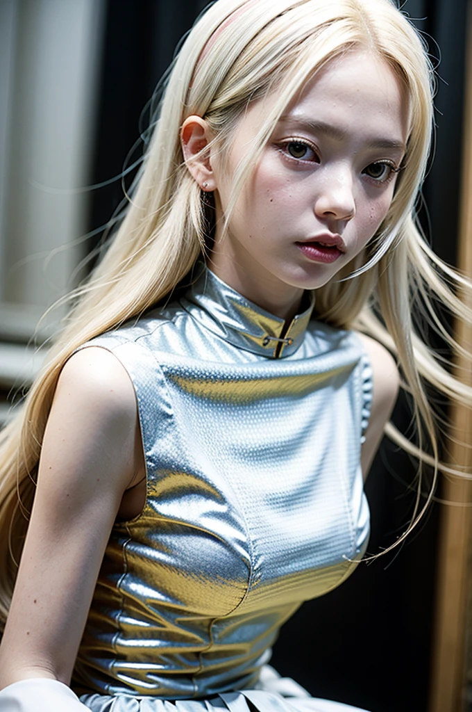 a close up of a woman with long blonde hair wearing a white dress, long white hair and bangs, with white long hair, with long white hair, white hime cut hairstyle,  with white hair, long wavy white hair, realistic anime art style, non-style artwork by guweiz, perfect white haired girl, anime realism style, long white wavy hair, Jennie Kim, Kim Jennie, blackpink jennie