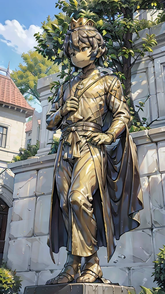 王子的黄金statue，Prince style，Prince costume，宫廷Dress，黄金statue，男孩的黄金statue，带着黄金冠冕的黄金statue，脚边停着一只燕子的黄金statue，金色男孩statue，黄金statue，Dress，Dress，西式宫廷男士Dress，Cute boy，British style，Victorian style，crown，crown，Golden Boy Sculpture，金色男孩statue，黄金statue，佩剑的黄金statue，腰带上挂着配剑的黄金statue，statue，statue，statue，巨大金色statue，巨大金色statue，Outdoor Background，微笑的statue，