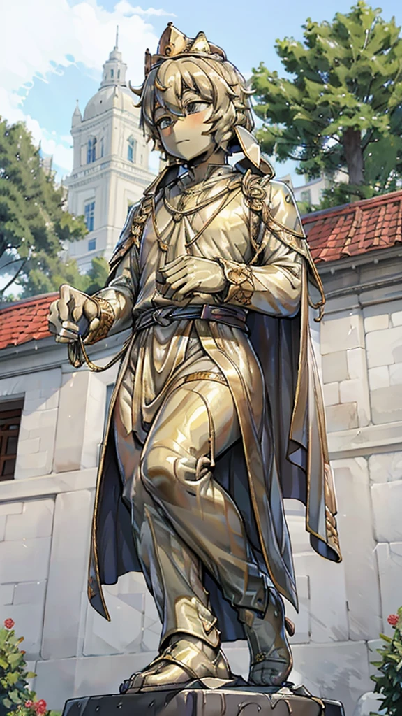 王子的黄金statue，Prince style，Prince costume，宫廷Dress，黄金statue，男孩的黄金statue，带着黄金冠冕的黄金statue，脚边停着一只燕子的黄金statue，金色男孩statue，黄金statue，Dress，Dress，西式宫廷男士Dress，Cute boy，British style，Victorian style，crown，crown，Golden Boy Sculpture，金色男孩statue，黄金statue，佩剑的黄金statue，腰带上挂着配剑的黄金statue，statue，statue，statue，巨大金色statue，巨大金色statue，Outdoor Background，微笑的statue，