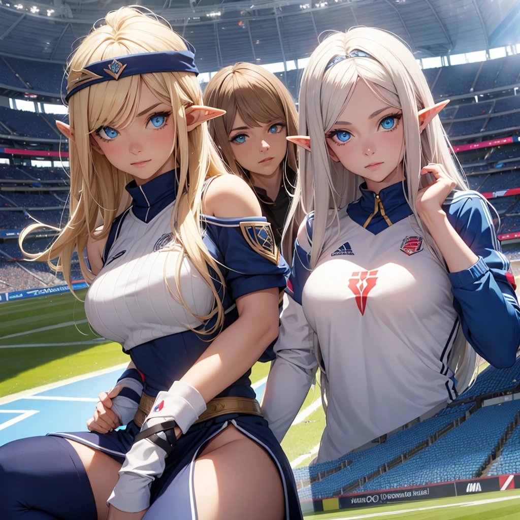 Half-elf, female,  blue eyes, dark blonde hair in the middle of a uefa 2024 stadium, indossa una divisa da squadra di calcio