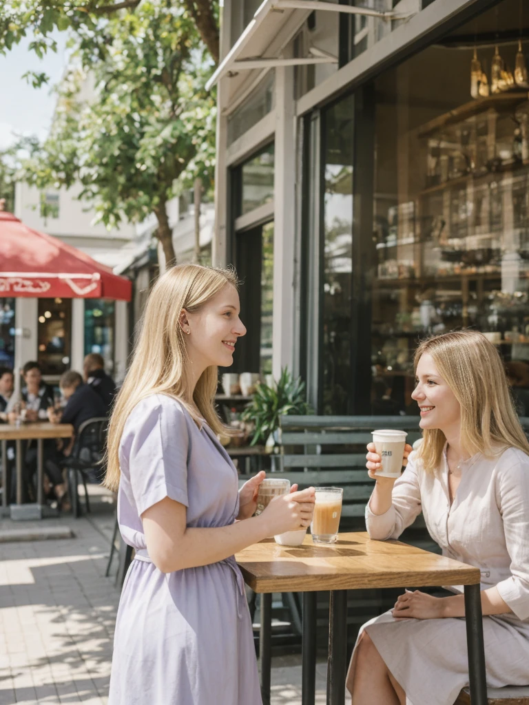 her name is Marie, high quality, 1girl, ((20-year-old fit Caucasian woman)), ((20 years old)), ((fit)), ((pale skin tone)), medium length straight blonde hair , wearing Pastel Lavender Linen Wrap Dress, pose: standing, background: Describe the lively atmosphere of a neighborhood cafe on a sunny afternoon, with the aroma of freshly brewed coffee, the sound of baristas steaming milk, and people chatting at small tables.