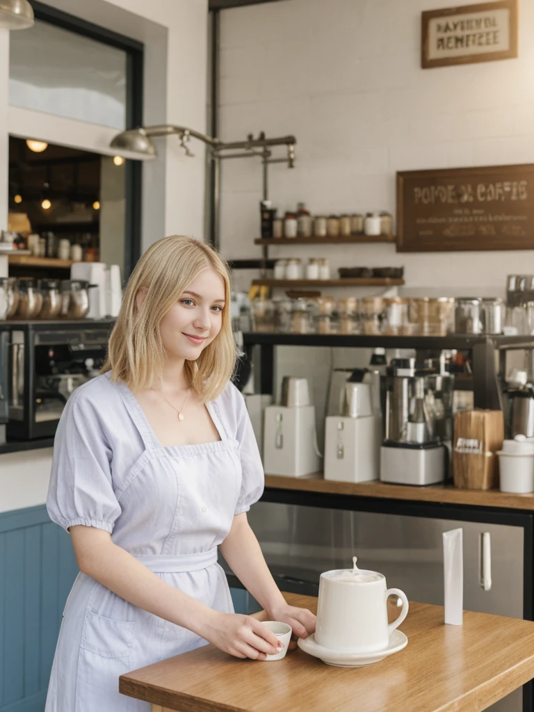 her name is Marie, high quality, 1girl, ((20-year-old fit Caucasian woman)), ((20 years old)), ((fit)), ((pale skin tone)), medium length straight blonde hair , wearing Pastel Lavender Linen Wrap Dress, pose: standing, background: Describe the lively atmosphere of a neighborhood cafe on a sunny afternoon, with the aroma of freshly brewed coffee, the sound of baristas steaming milk, and people chatting at small tables.