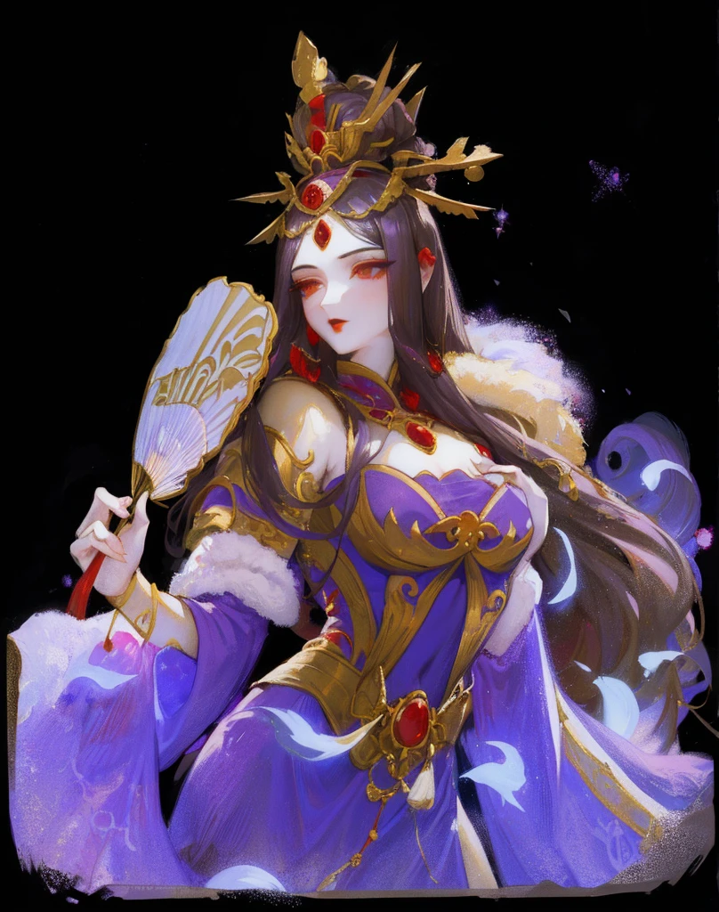Standing with upper body, Honey, Solitary, Pale skin,Red Eyeshadow, Red lips,Mink shawl，Purple dress，Xian Xia，China，Holding a fan，Beautiful head crown，Golden decoration，Black long hair， masterpiece, high quality