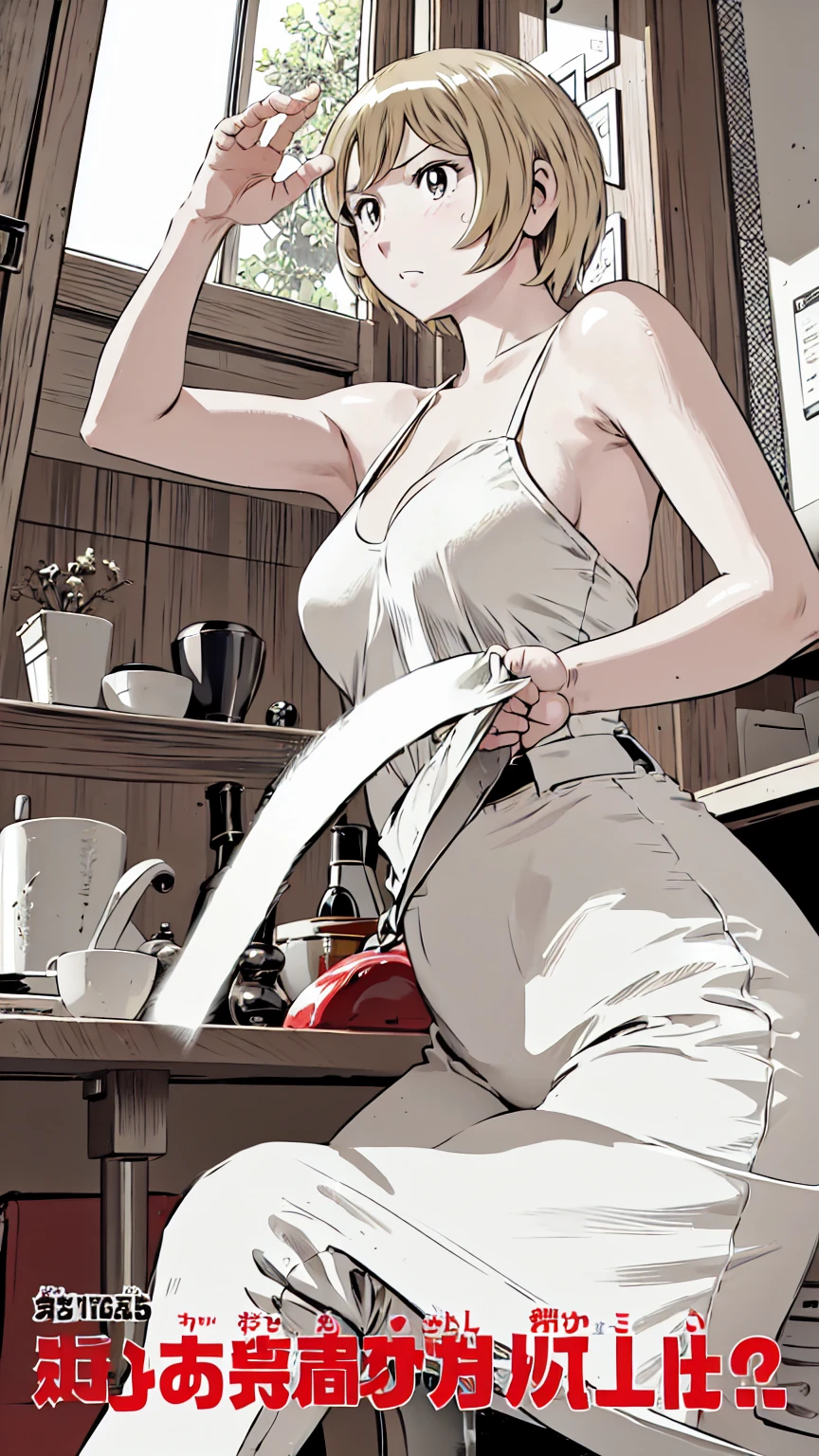 、(masterpiece、Highest quality)、Highest quality, Ultra-high resolution, (((masterpiece))), alone, Sweat、Big eyes,Please raise your arms and show your armpits, No sleeve、indoor、one piece、Composition from the front、(Cut the back hair short、short hair、blonde、woman)、Shortcuts、Embarrassed face、Cut your hair short、可愛いwomanの子、Big Breasts