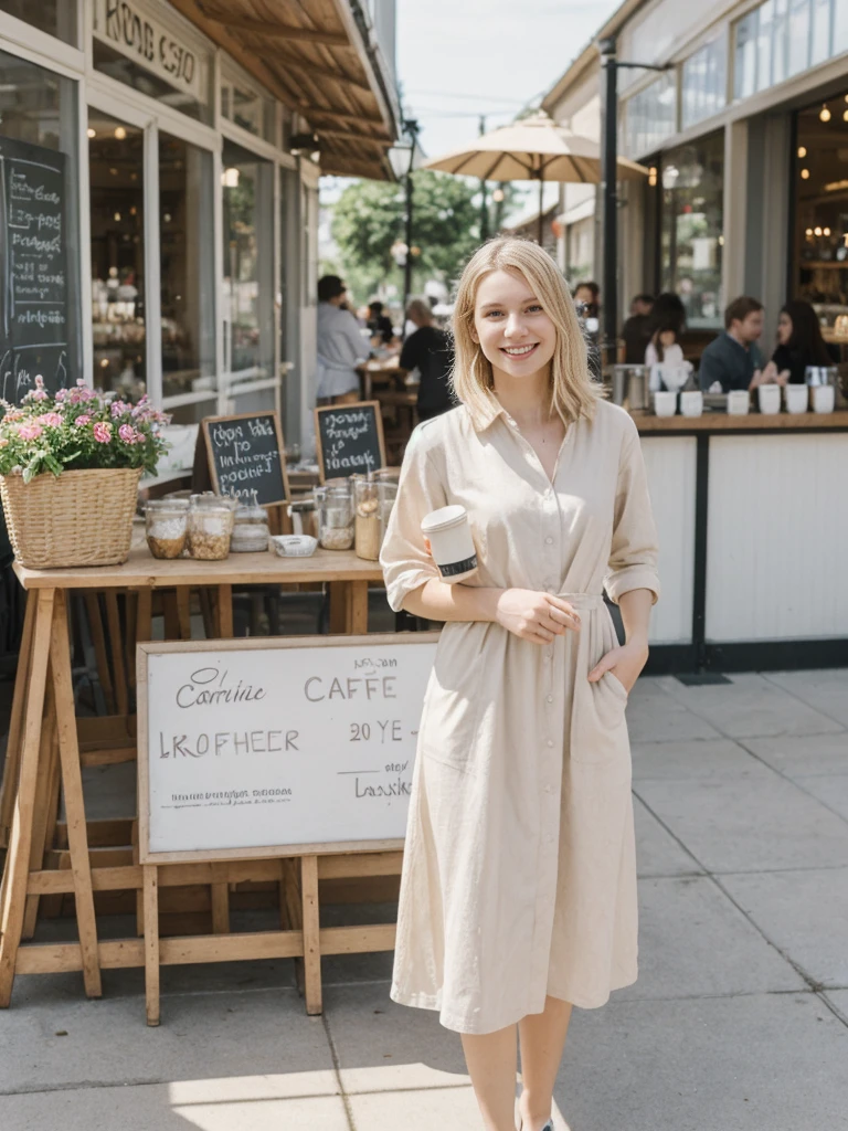 her name is Marie, high quality, 1girl, ((20-year-old fit Caucasian woman)), ((20 years old)), ((fit)), ((pale skin tone)), medium length straight blonde hair , wearing Pastel Lavender Linen Wrap Dress, pose: standing, background: Describe the lively atmosphere of a neighborhood cafe on a sunny afternoon, with the aroma of freshly brewed coffee, the sound of baristas steaming milk, and people chatting at small tables.