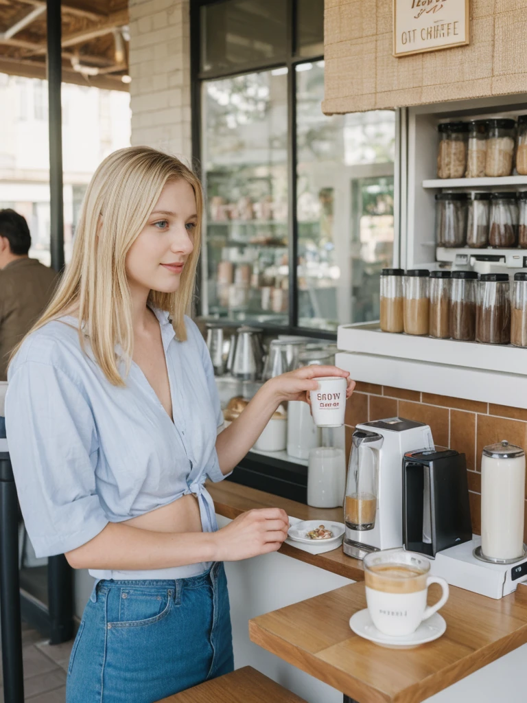 her name is Marie, high quality, 1girl, ((20-year-old fit Caucasian woman)), ((20 years old)), ((fit)), ((pale skin tone)), medium length straight blonde hair , wearing Pastel Lavender Linen Wrap Dress, pose: standing, background: Describe the lively atmosphere of a neighborhood cafe on a sunny afternoon, with the aroma of freshly brewed coffee, the sound of baristas steaming milk, and people chatting at small tables.