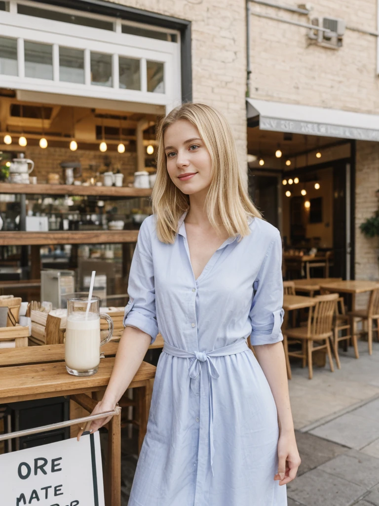 her name is Marie, high quality, 1girl, ((20-year-old fit Caucasian woman)), ((20 years old)), ((fit)), ((pale skin tone)), medium length straight blonde hair , wearing Pastel Lavender Linen Wrap Dress, pose: standing, background: Describe the lively atmosphere of a neighborhood cafe on a sunny afternoon, with the aroma of freshly brewed coffee, the sound of baristas steaming milk, and people chatting at small tables.