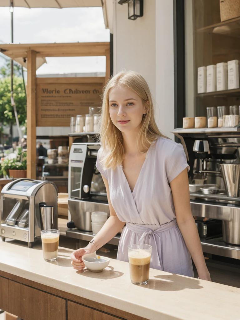 her name is Marie, high quality, 1girl, ((20-year-old fit Caucasian woman)), ((20 years old)), ((fit)), ((pale skin tone)), medium length straight blonde hair , wearing Pastel Lavender Linen Wrap Dress, pose: standing, background: Describe the lively atmosphere of a neighborhood cafe on a sunny afternoon, with the aroma of freshly brewed coffee, the sound of baristas steaming milk, and people chatting at small tables.