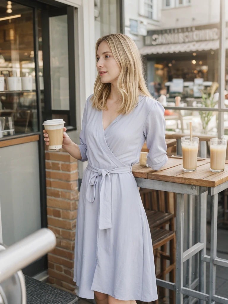her name is Marie, high quality, 1girl, ((20-year-old fit Caucasian woman)), ((20 years old)), ((fit)), ((pale skin tone)), medium length straight blonde hair , wearing Pastel Lavender Linen Wrap Dress, pose: standing, background: Describe the lively atmosphere of a neighborhood cafe on a sunny afternoon, with the aroma of freshly brewed coffee, the sound of baristas steaming milk, and people chatting at small tables.