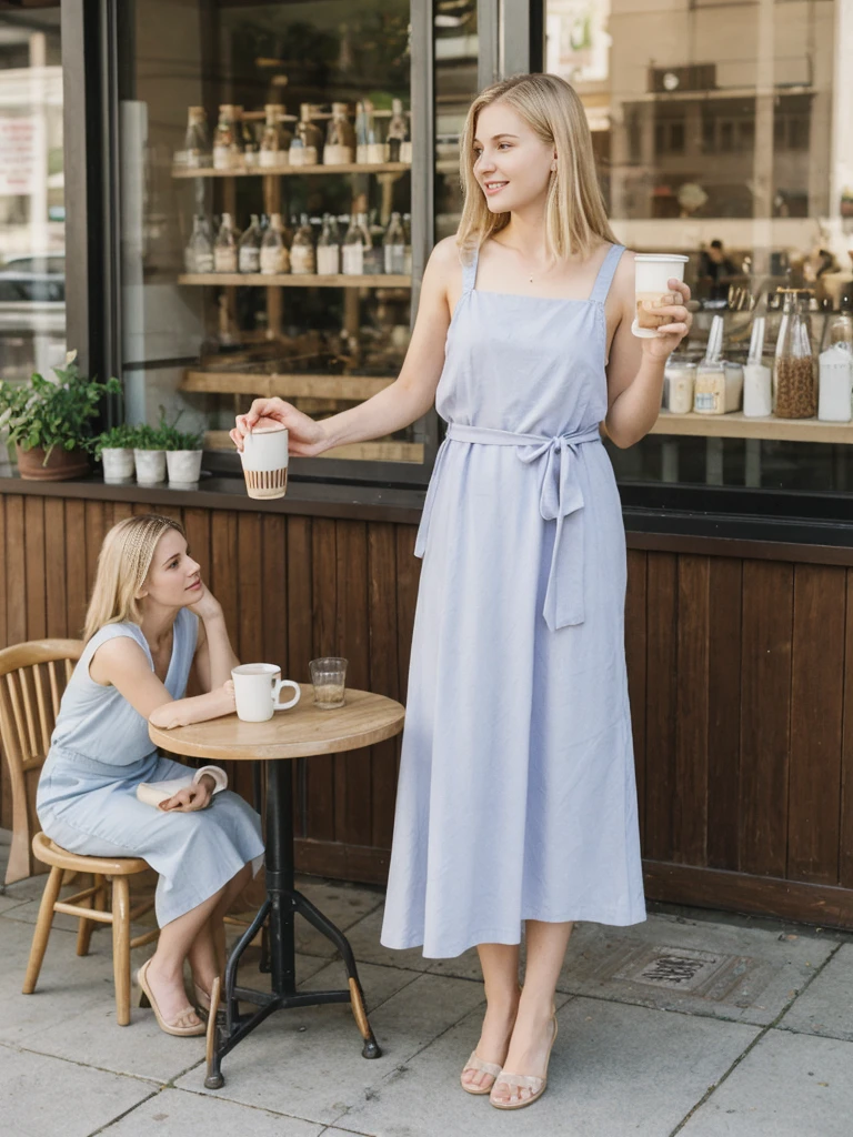 her name is Marie, high quality, 1girl, ((20-year-old fit Caucasian woman)), ((20 years old)), ((fit)), ((pale skin tone)), medium length straight blonde hair , wearing Pastel Lavender Linen Wrap Dress, pose: standing, background: Describe the lively atmosphere of a neighborhood cafe on a sunny afternoon, with the aroma of freshly brewed coffee, the sound of baristas steaming milk, and people chatting at small tables.