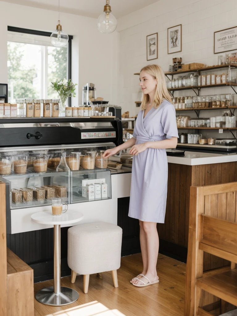 her name is Marie, high quality, 1girl, ((20-year-old fit Caucasian woman)), ((20 years old)), ((fit)), ((pale skin tone)), medium length straight blonde hair , wearing Pastel Lavender Linen Wrap Dress, pose: standing, background: Describe the lively atmosphere of a neighborhood cafe on a sunny afternoon, with the aroma of freshly brewed coffee, the sound of baristas steaming milk, and people chatting at small tables.