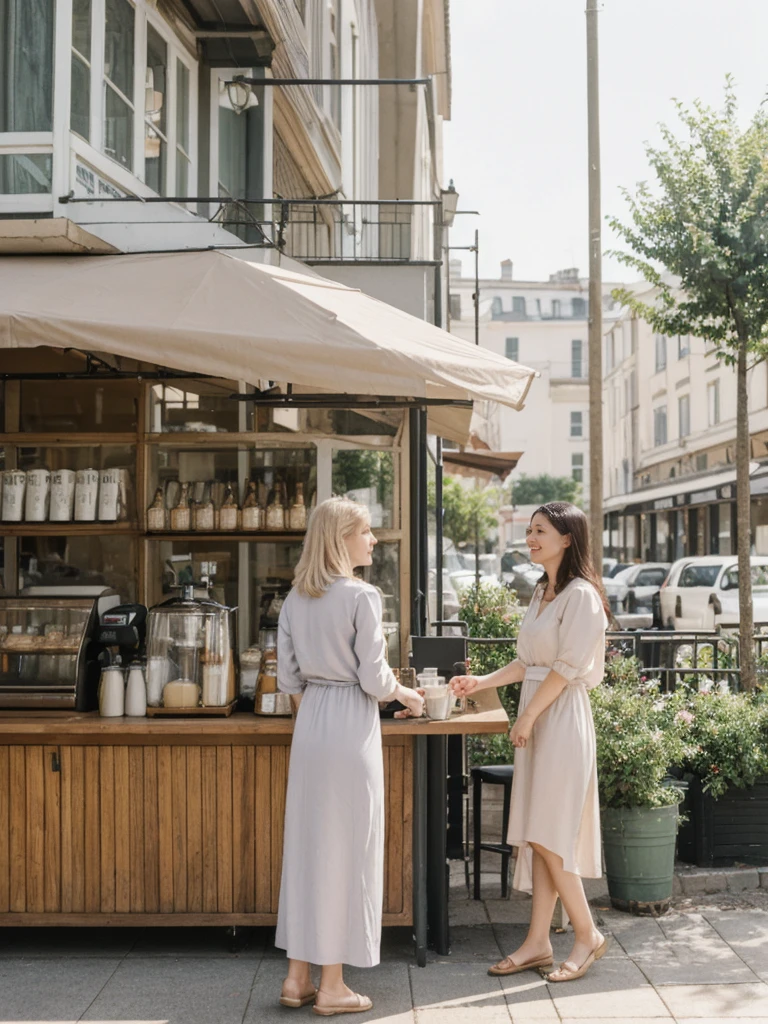 her name is Marie, high quality, 1girl, ((20-year-old fit Caucasian woman)), ((20 years old)), ((fit)), ((pale skin tone)), medium length straight blonde hair , wearing Pastel Lavender Linen Wrap Dress, pose: standing, background: Describe the lively atmosphere of a neighborhood cafe on a sunny afternoon, with the aroma of freshly brewed coffee, the sound of baristas steaming milk, and people chatting at small tables.